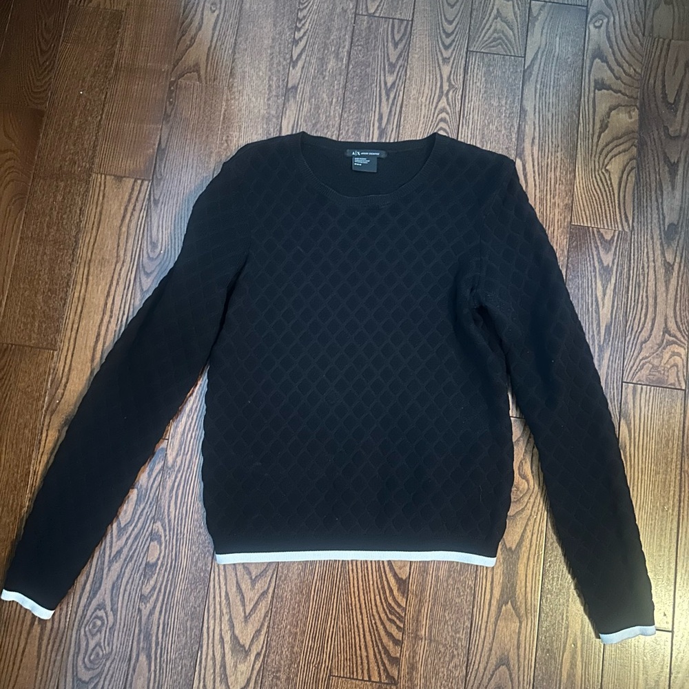 A/X Armani Exchange Black Quilted Crewneck Sweater with White Trim